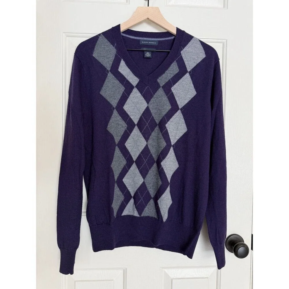 Banana Republic 100% Merino Wool Purple Argyle Sweater Plaid Preppy Academia L